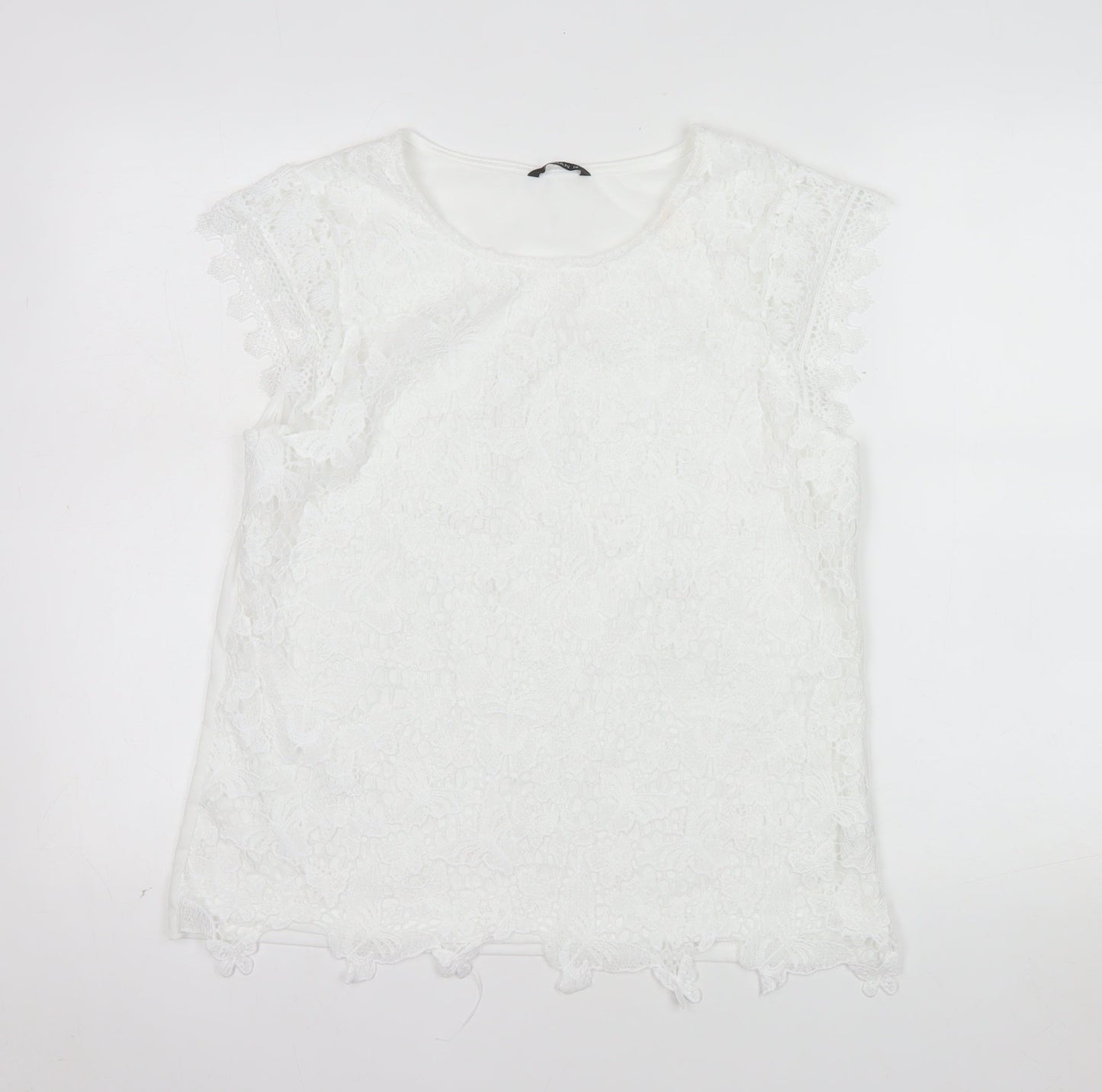 Roman Women’s White Lace Floral Blouse Size 14 Short Sleeve Top