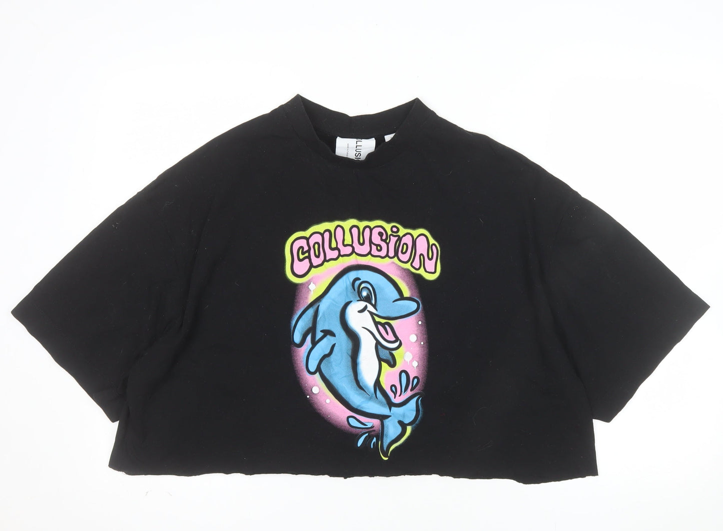 Collusion Womens Black Dolphin Cropped T-Shirt M Relaxed Fit