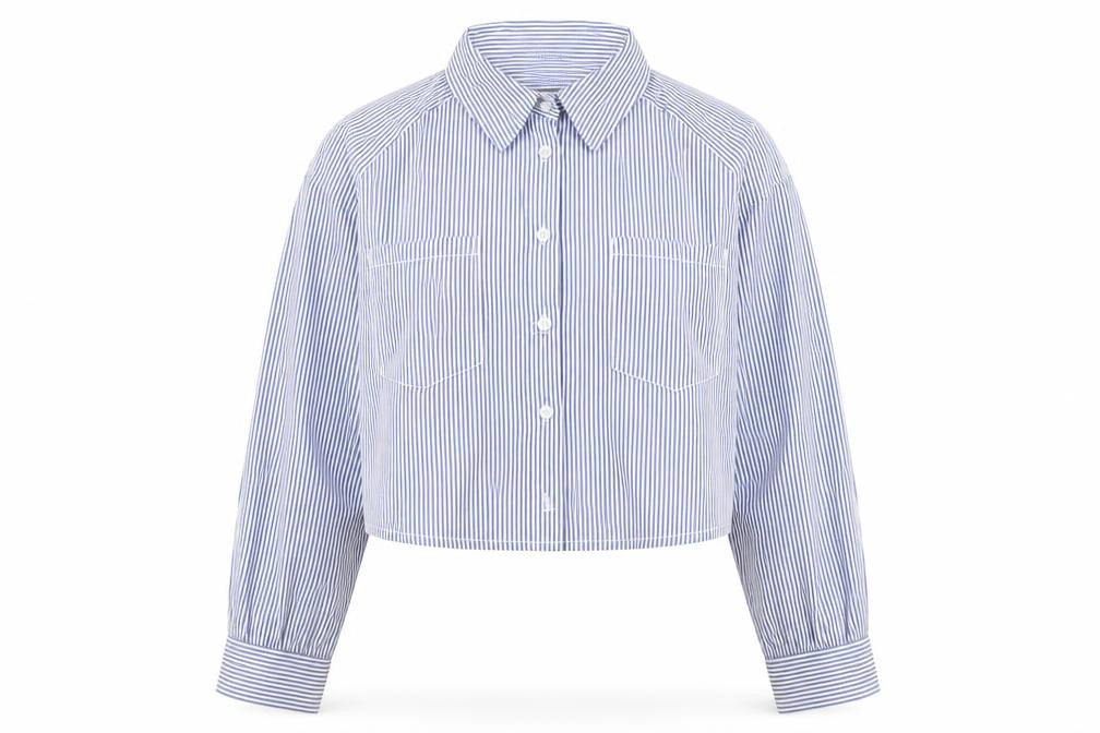 Front view of I Saw It First Women Blue Striped Cropped Button-Up Shirt, size 12