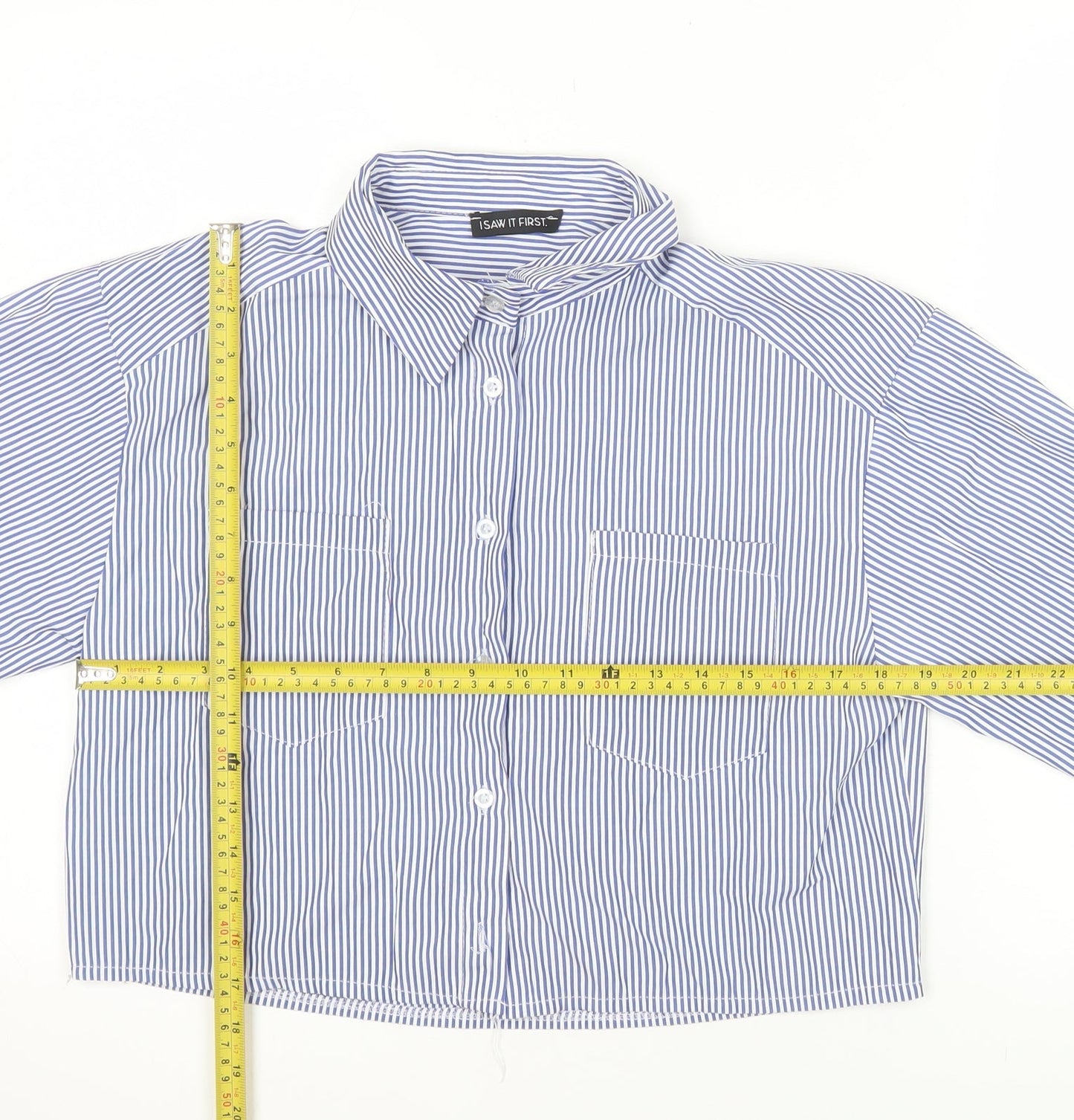 I Saw It First Women Blue Striped Cropped Button-Up Shirt Size 12