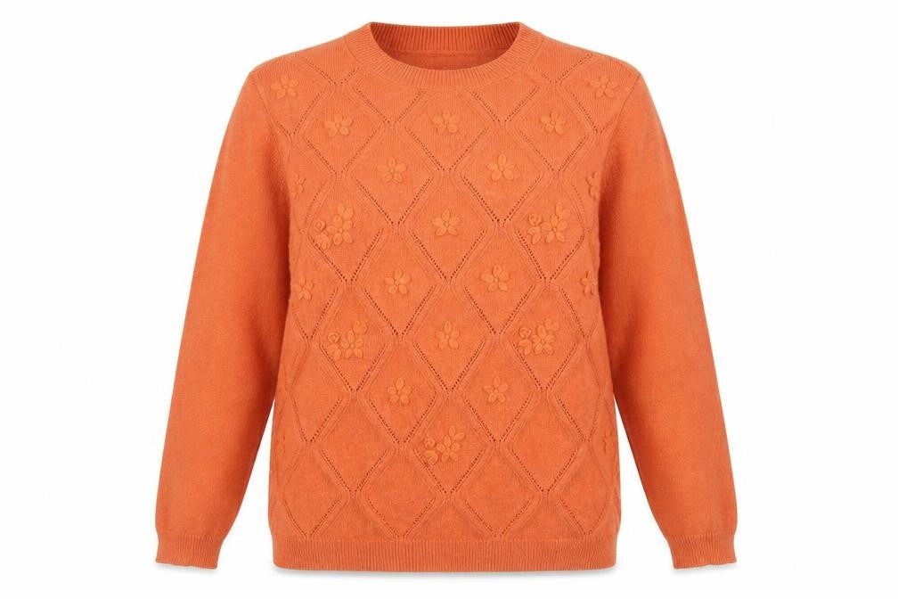 Damart Womens Orange Floral Knit Crew Neck Pullover Jumper L