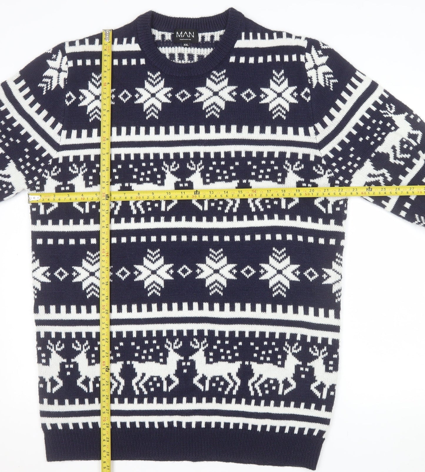 boohooMAN Men's Blue Fair Isle Christmas Jumper 2XL