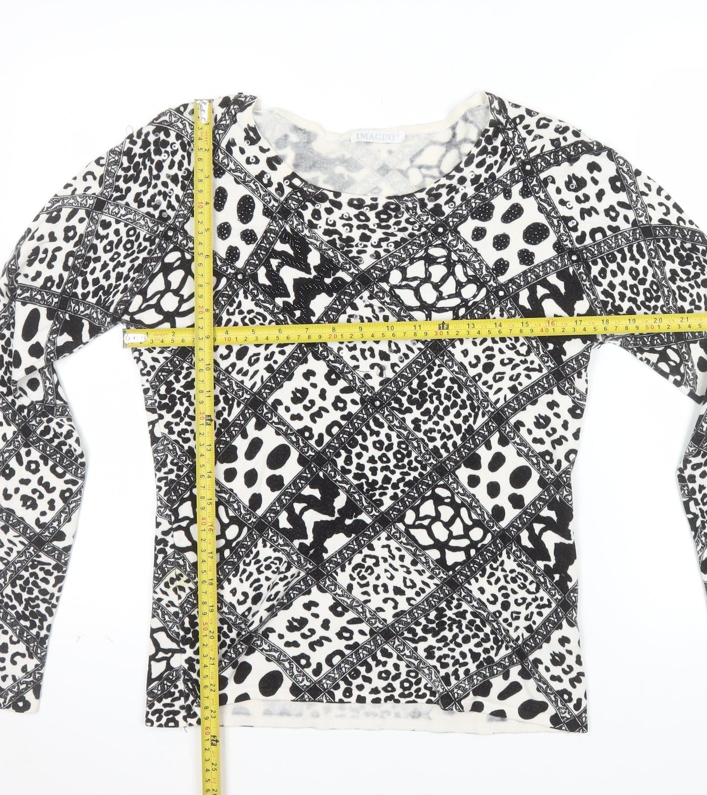 IMAGINI Womens Black Animal Print Long Sleeve Cotton Stretch T-Shirt Size L