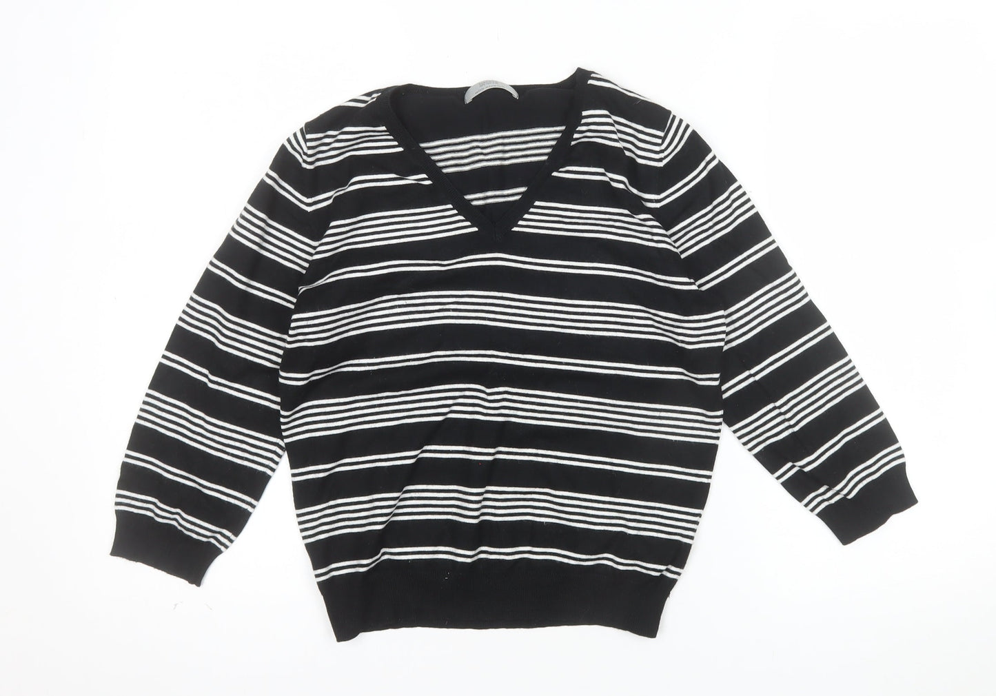 Marks and Spencer Womens Black White Striped V-Neck Knit Jumper UK 16