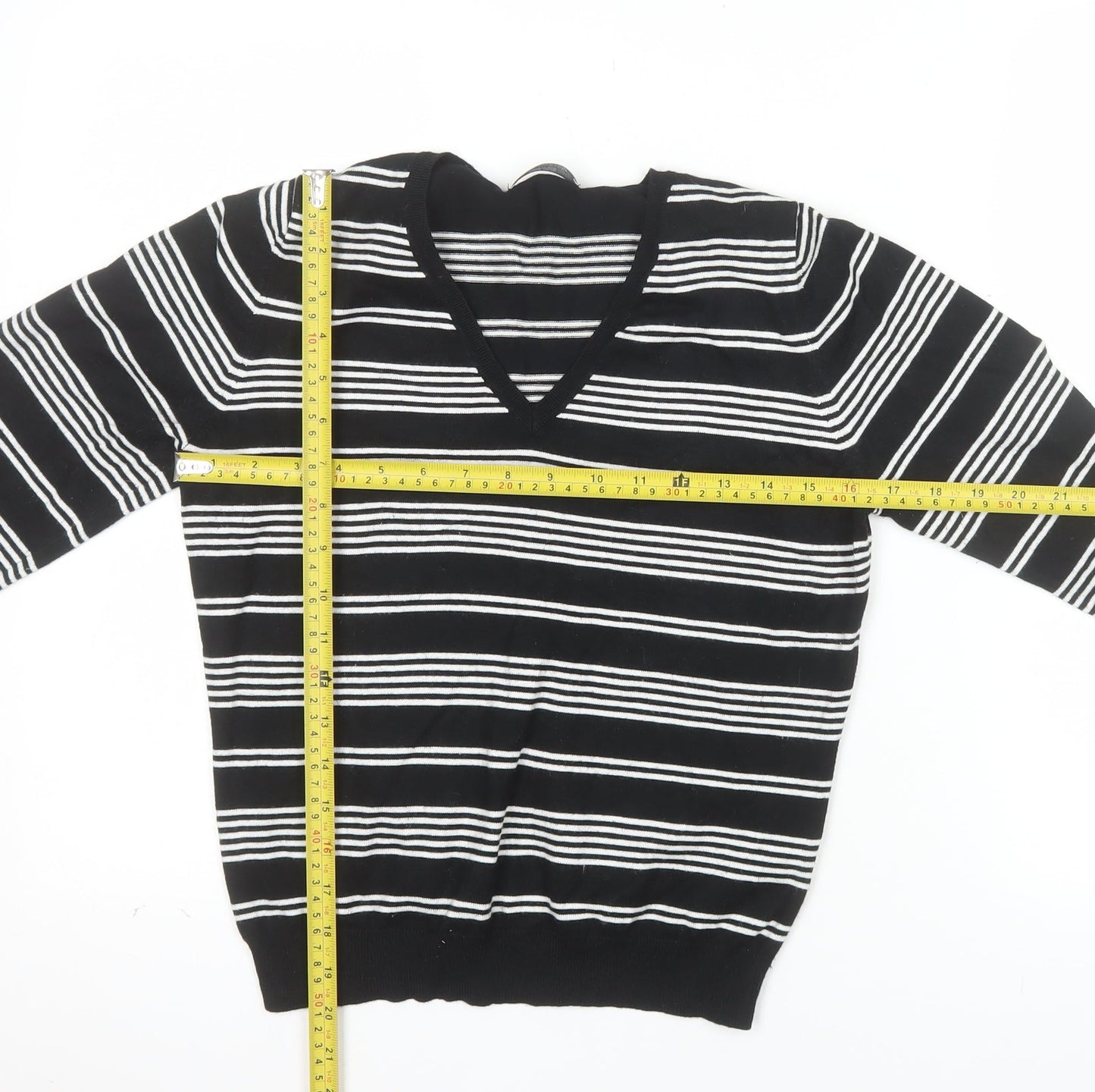 Marks and Spencer Womens Black White Striped V-Neck Knit Jumper UK 16