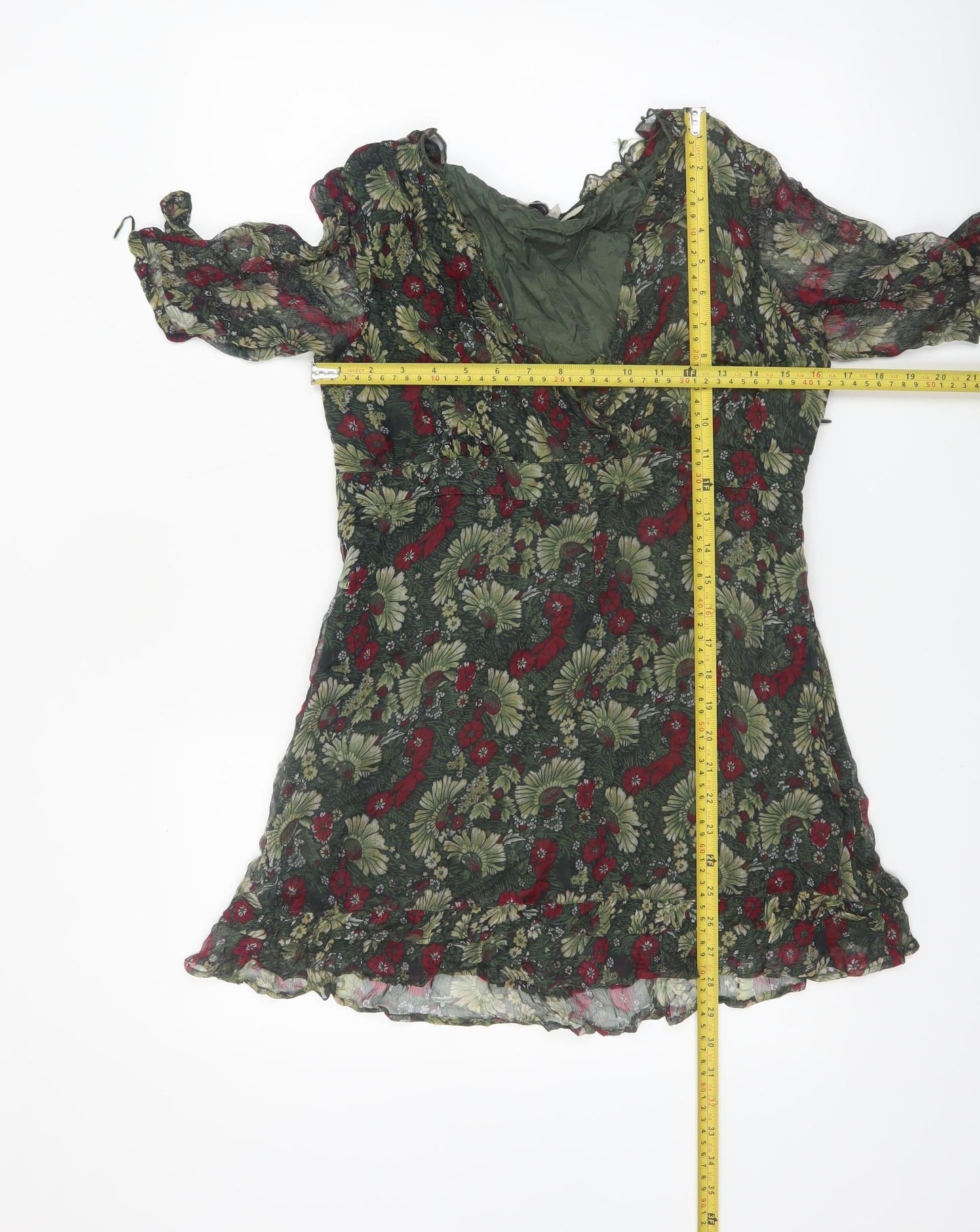 Rocha.John Rocha Women Green Floral Ruffle V-Neck Wrap Blouse Size 12