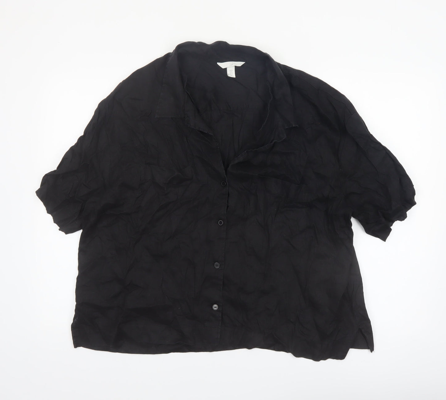 H&M Women Black Linen Short Sleeve Collared Button-Up Shirt Size 14