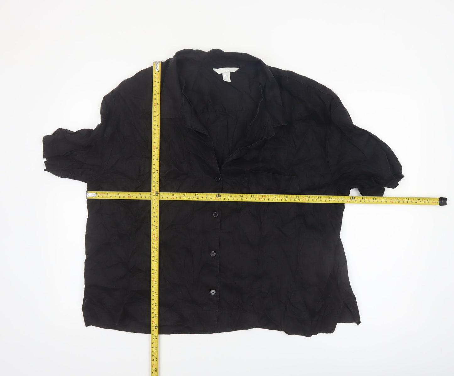 H&M Women Black Linen Short Sleeve Collared Button-Up Shirt Size 14