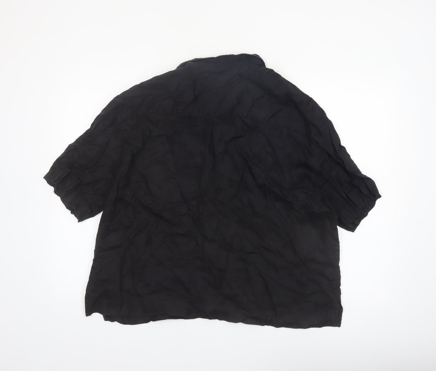 H&M Women Black Linen Short Sleeve Collared Button-Up Shirt Size 14