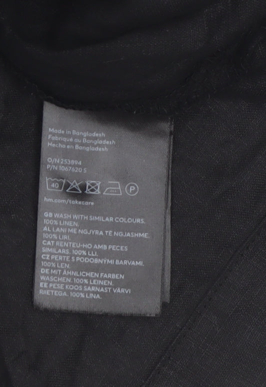 H&M Women Black Linen Short Sleeve Collared Button-Up Shirt Size 14