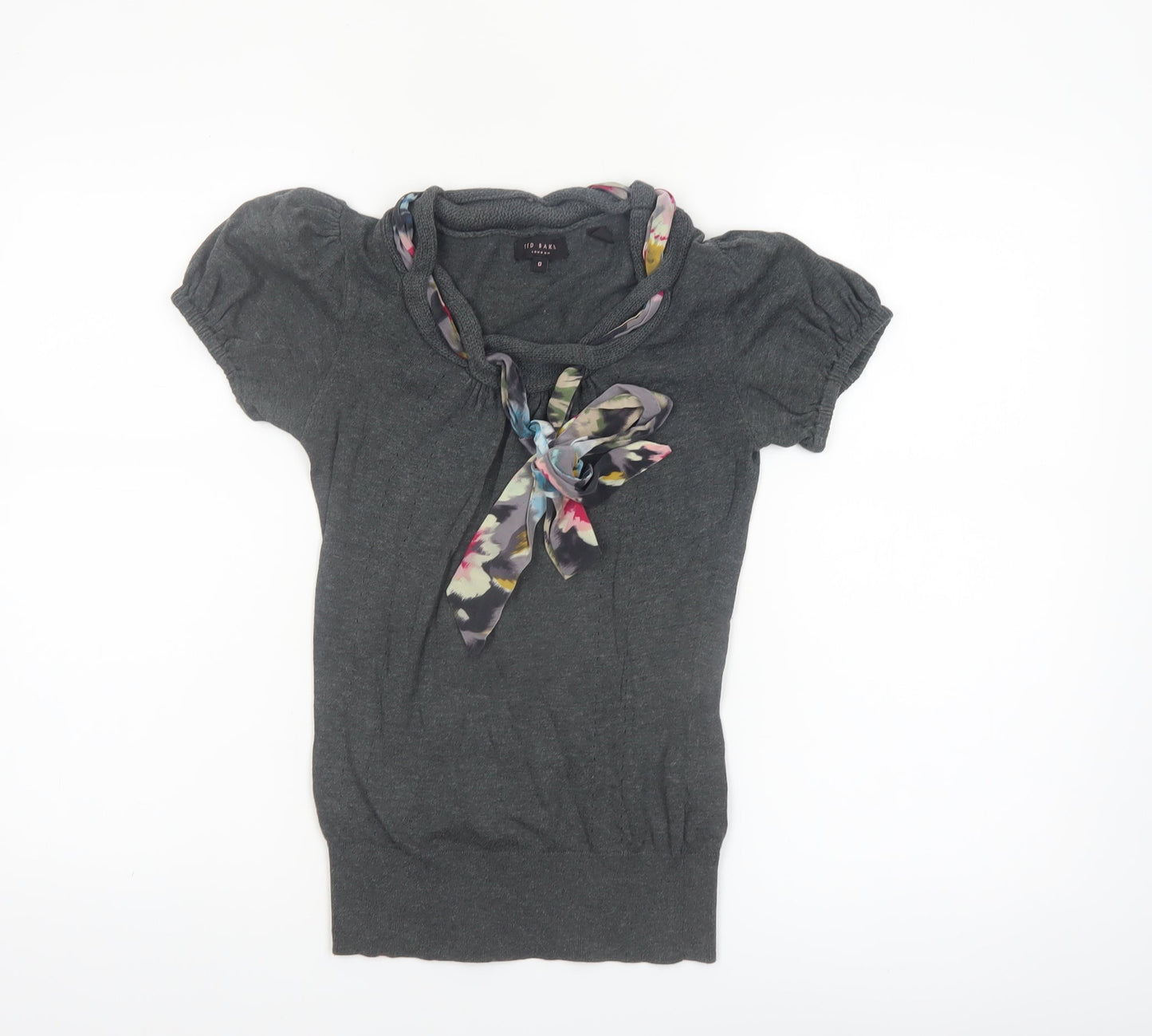 Ted Baker Women's Grey Short Sleeve Bow Neck Cotton Silk Jumper Size 6