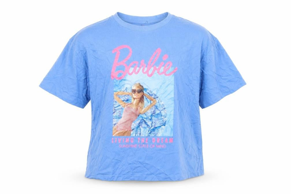 Front view of Marks & Spencer girls’ blue barbie graphic t-shirt 12-13 years