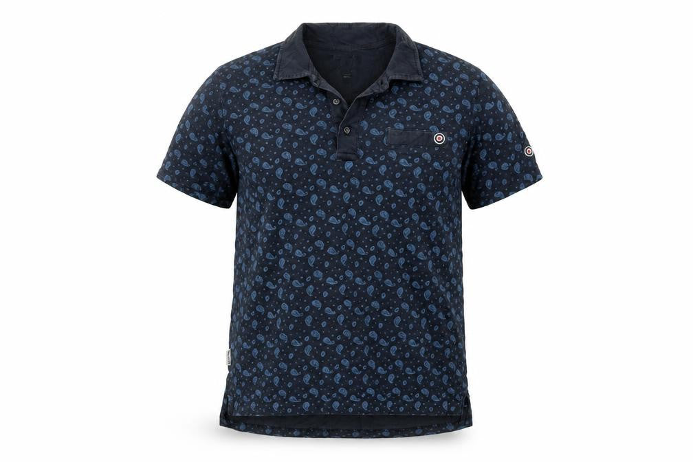 Front view of Lambretta Men's Blue Small Skull Print Cotton Polo Shirt