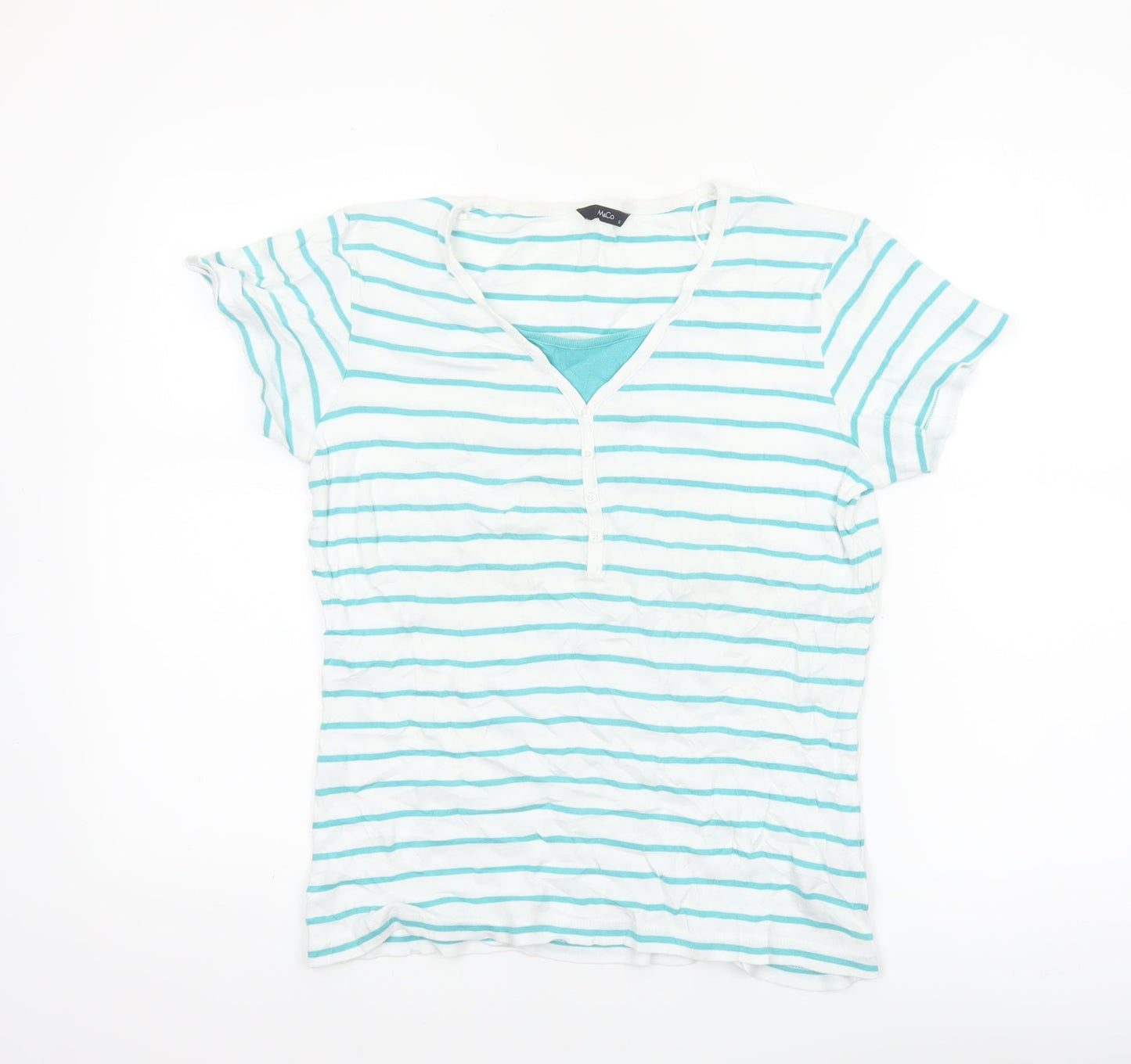 M&Co Womens White Striped V-Neck Cotton Short Sleeve T-Shirt Size 14
