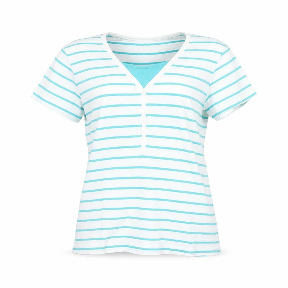 M&Co Womens White Striped V-Neck Cotton Short Sleeve T-Shirt Size 14