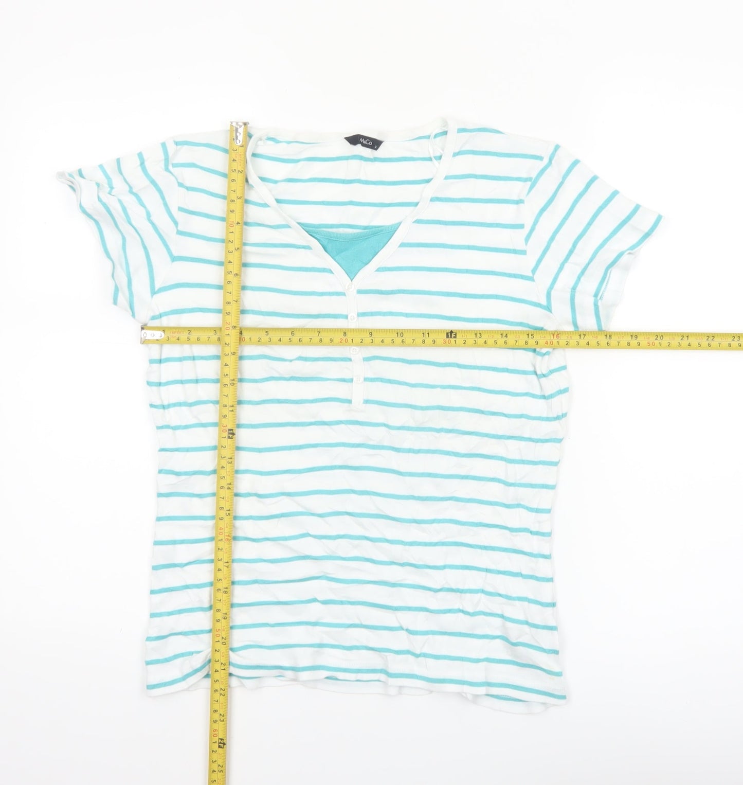M&Co Womens White Striped V-Neck Cotton Short Sleeve T-Shirt Size 14