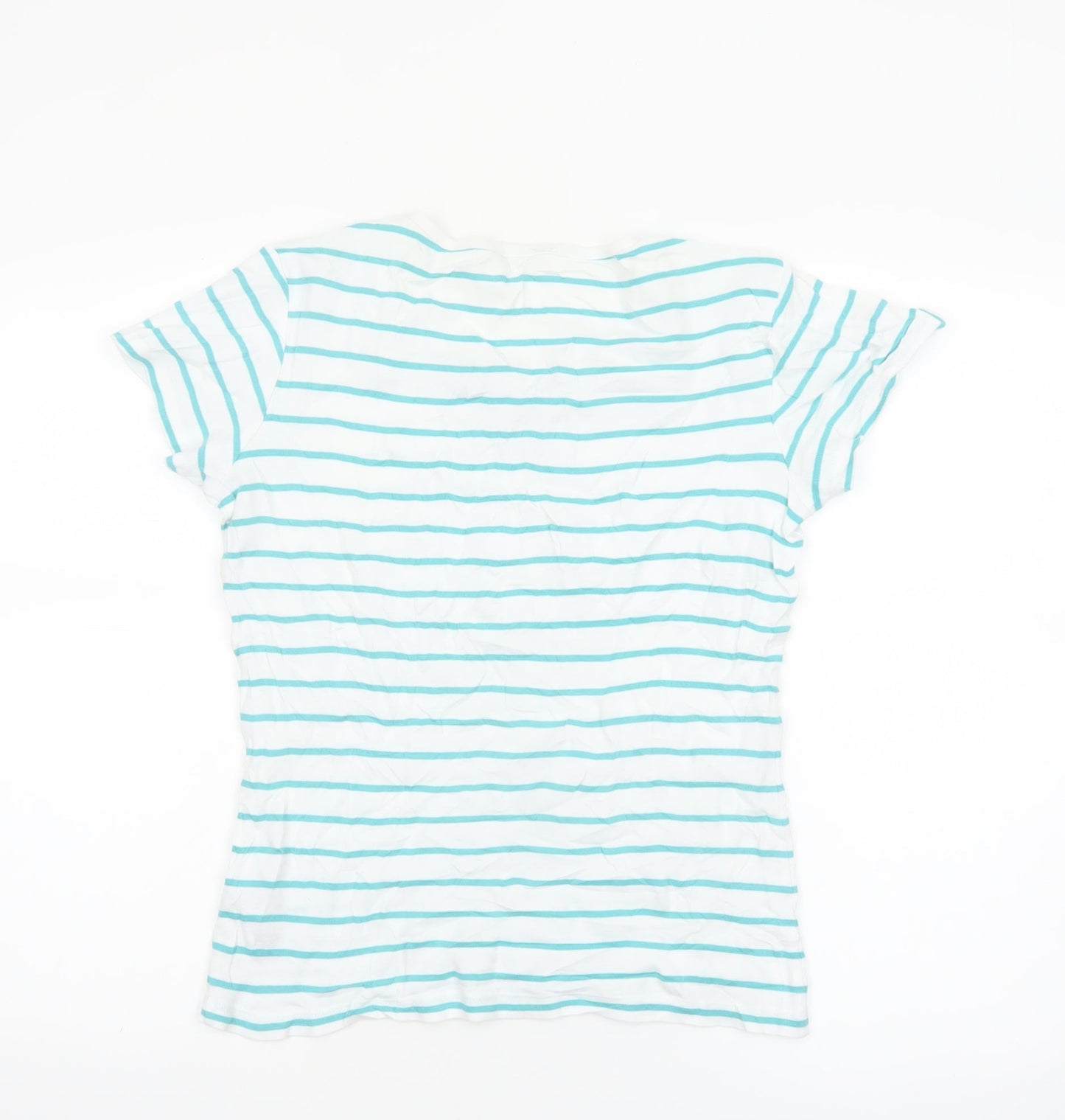 M&Co Womens White Striped V-Neck Cotton Short Sleeve T-Shirt Size 14