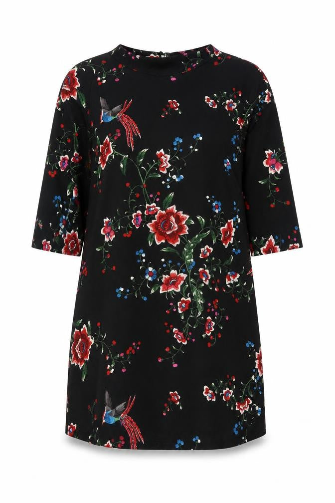 Front view of Red Herring women’s black floral shift dress, size UK 10, 3/4 sleeve