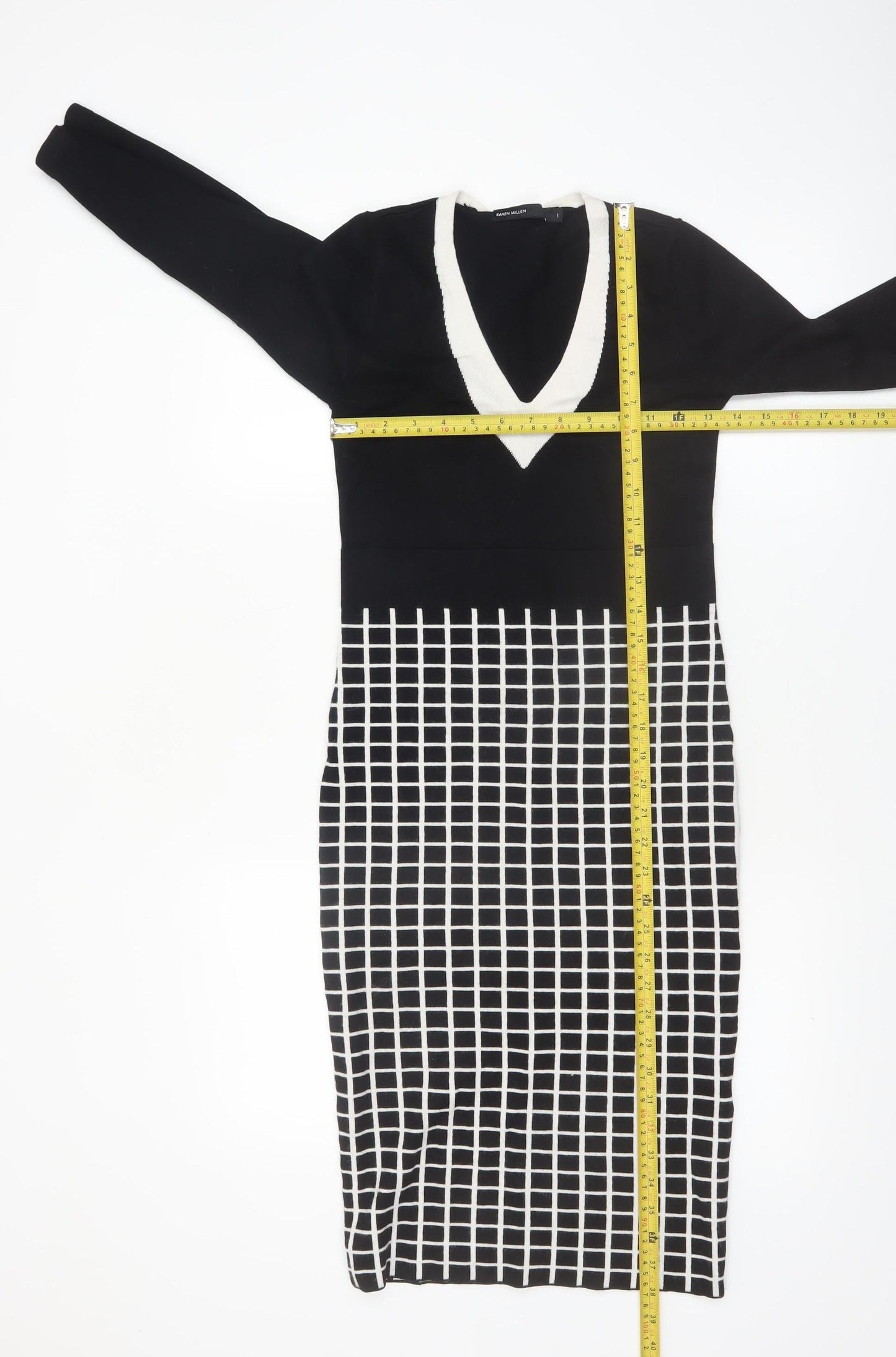 Karen Millen Women's Black Check Knit Bodycon Midi Dress Size S