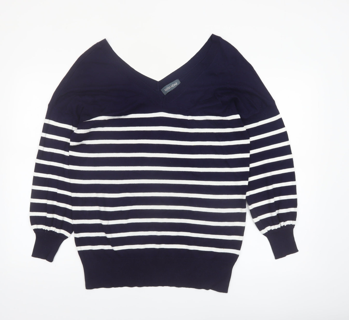 Sosandar Women’s Blue White Striped V-Neck Knit Jumper Size S