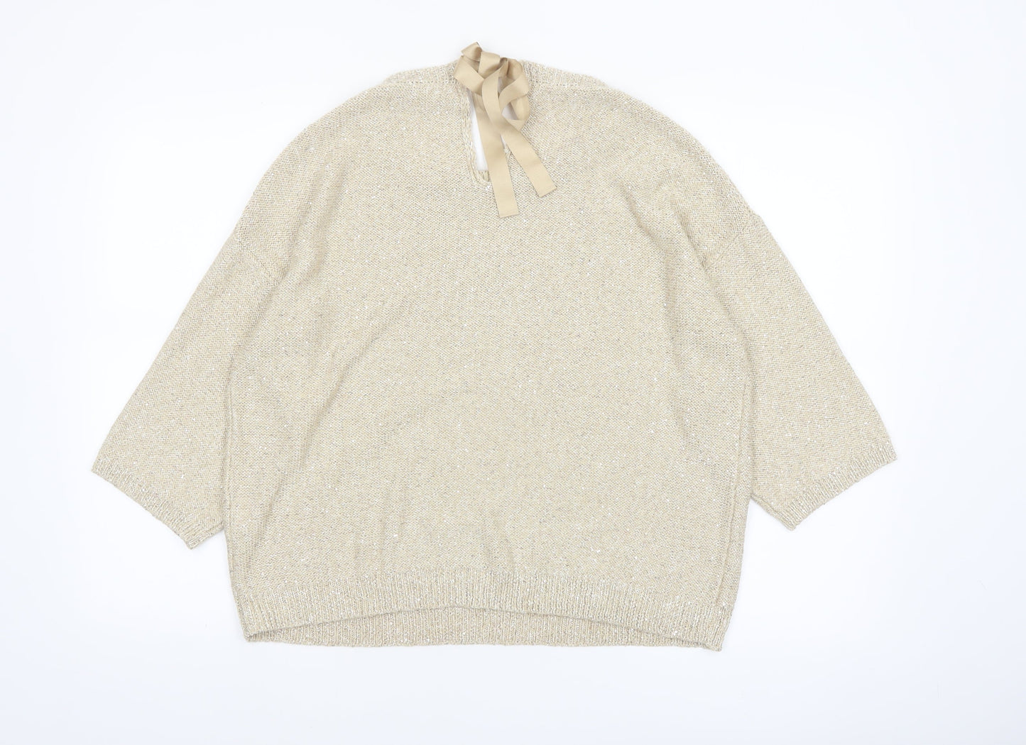 Marella Sport Women’s Beige Sequin Knit 3/4 Sleeve Pullover Jumper L