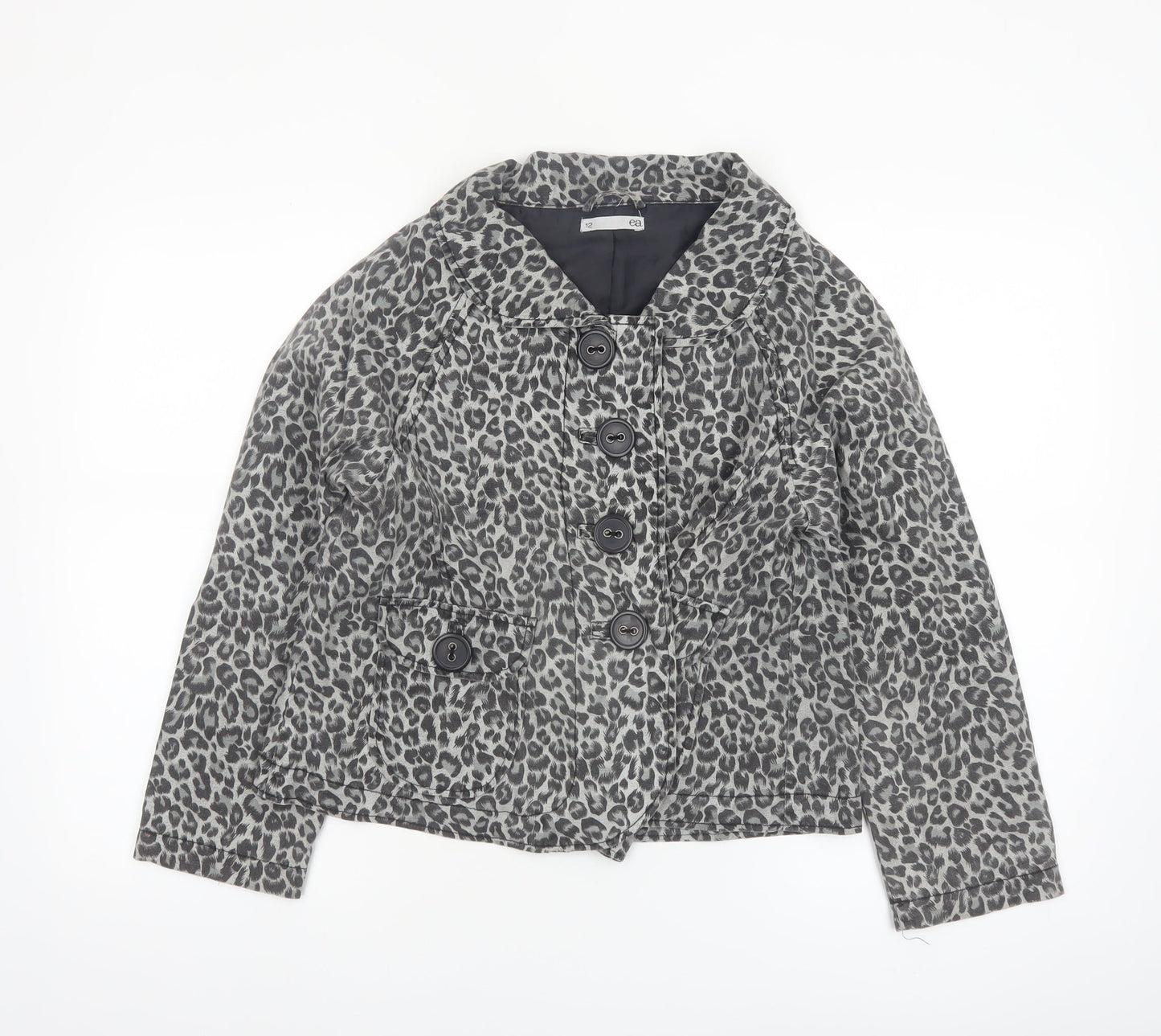 ea Womens Grey Leopard Print Cotton Blend Short Jacket Size 12