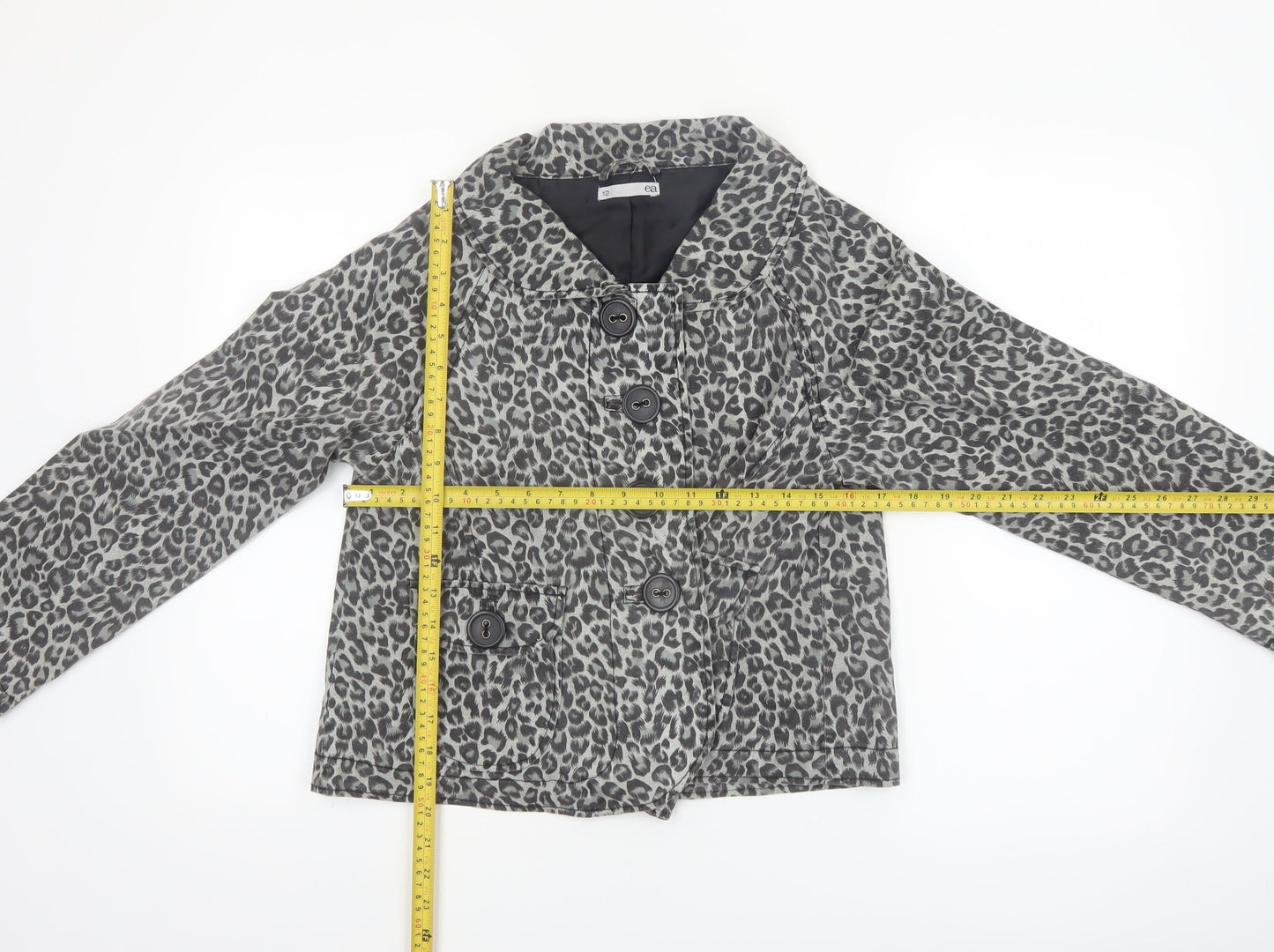 ea Womens Grey Leopard Print Cotton Blend Short Jacket Size 12