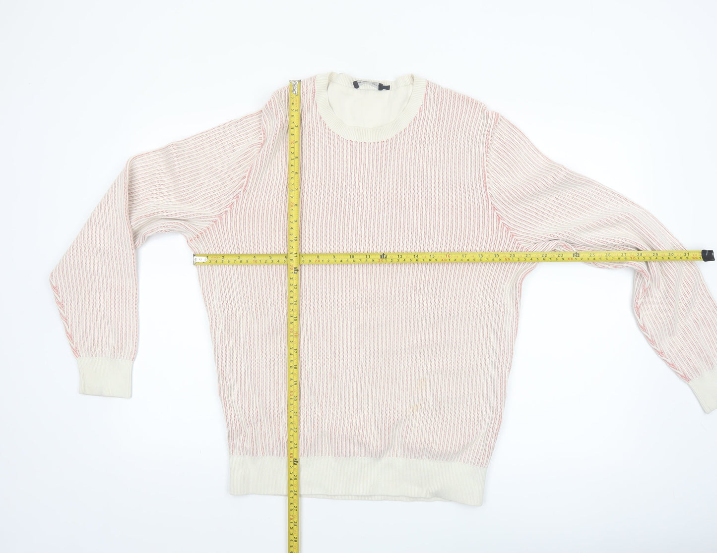 Hackett London Men's Beige Striped Cotton Crew Neck Jumper Size L