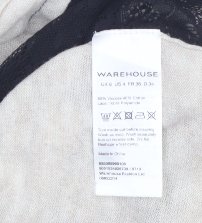 Warehouse Women's Beige Lace Panel Relaxed Fit Jumper Size 8