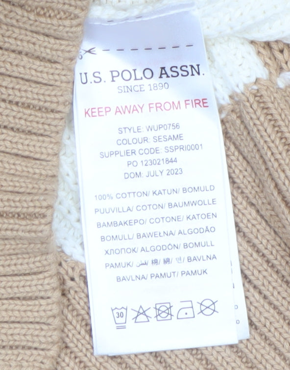U.S. Polo Assn. Women's Beige 2XL Chunky Knit Roll Neck Cotton Jumper