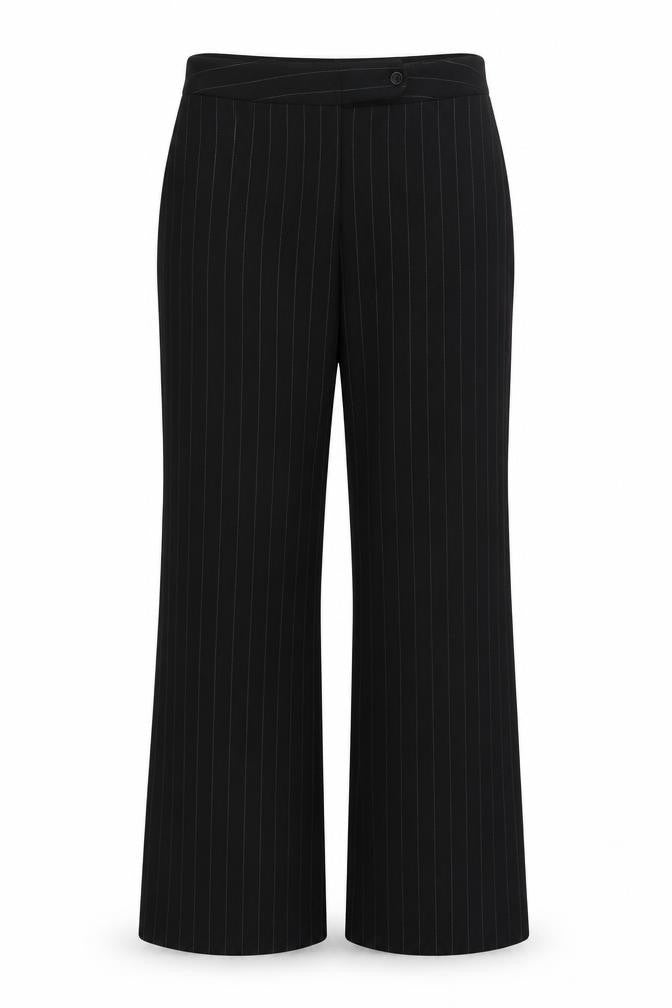 Front view of Dorothy Perkins Women’s Black Pinstripe Flared Dress Trousers, size UK 10