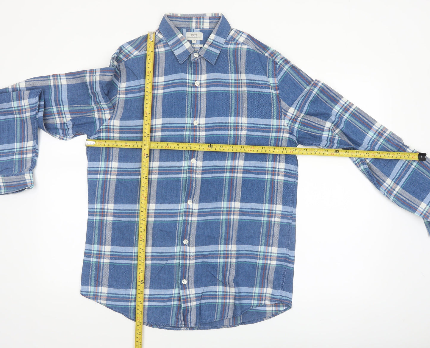 Next Men's Blue Checked Cotton Long Sleeve Button-Up Shirt Medium