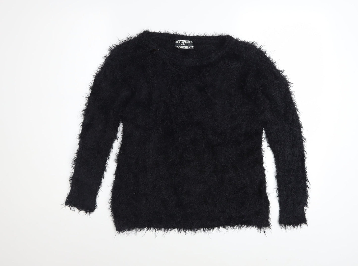 Pilot Women Black Fuzzy Long Sleeve Pullover Jumper S/M Acrylic Blend