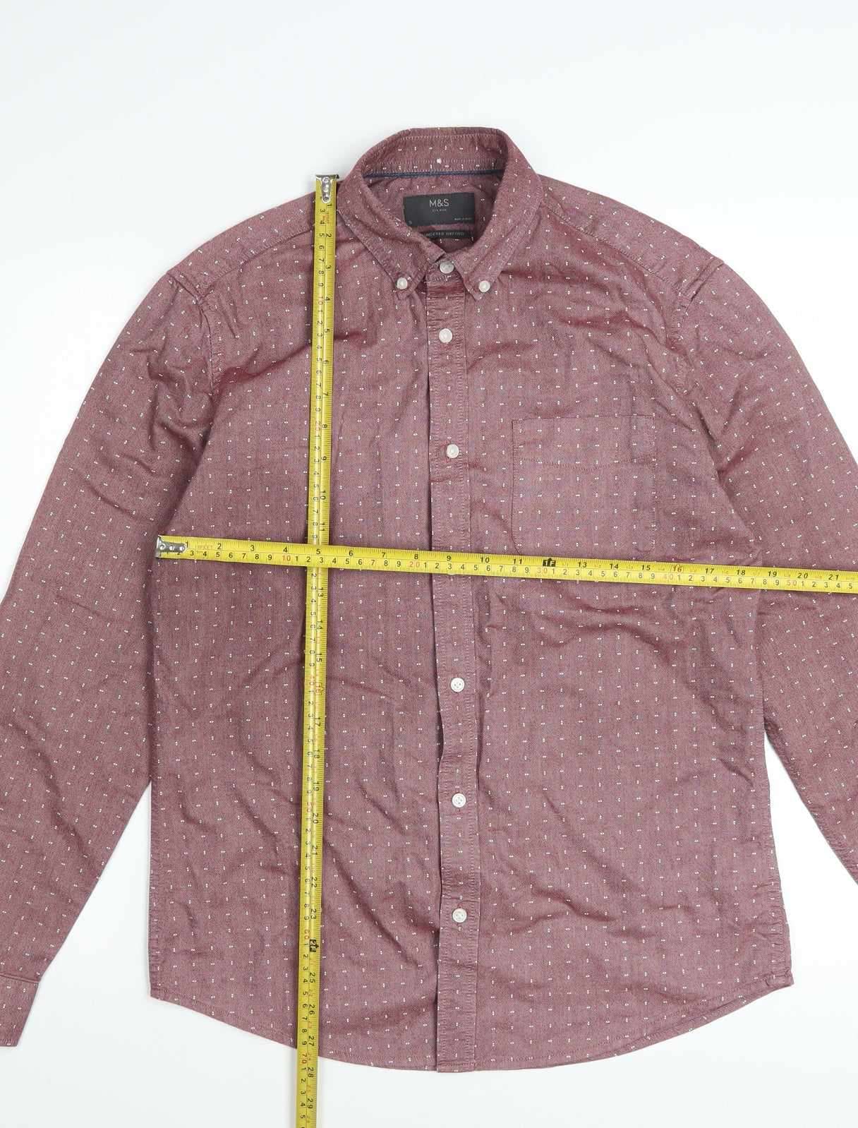 Marks and Spencer Men's Red Geometric Cotton Long Sleeve Shirt Size S