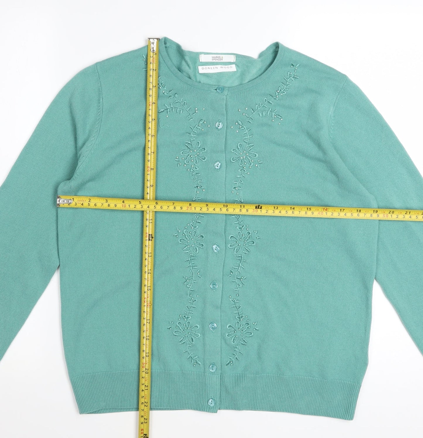 Marks and Spencer Women Green Size 14 Embroidered Cardigan
