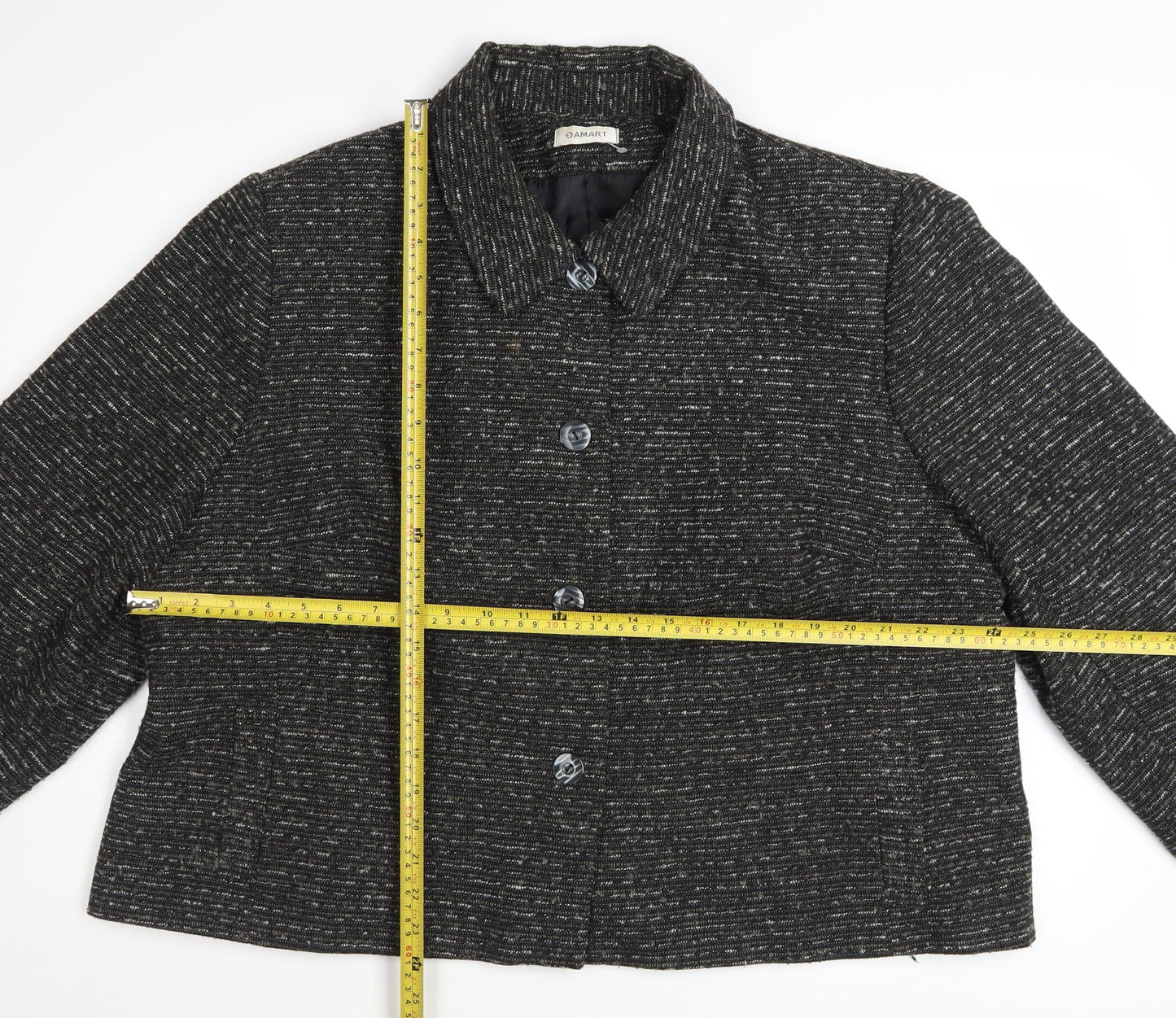 Damart Women’s Black Tweed Button Jacket Size 26 Lined Wool Blend