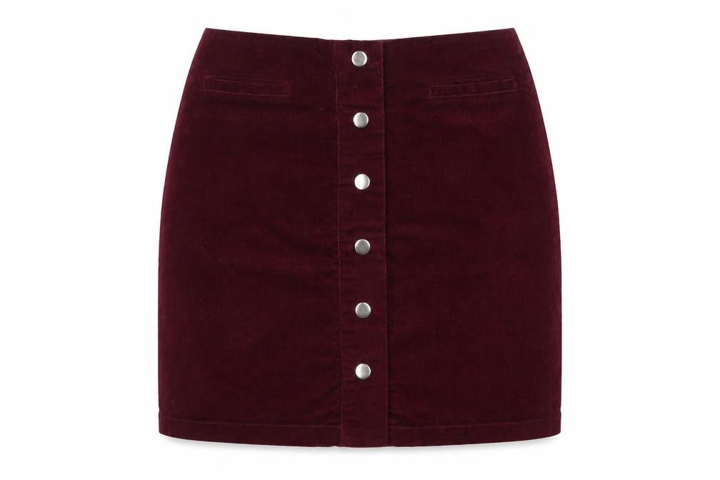 Front view of Papaya Women Red Corduroy Button Short Pencil Skirt, size 10