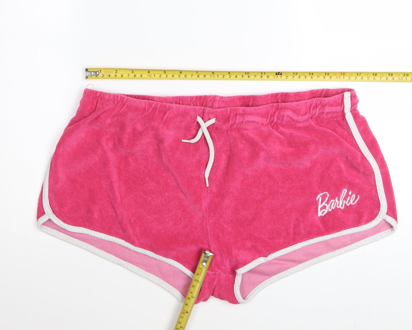 Barbie Women’s Pink Terry Shorts L Casual Drawstring Logo Comfort