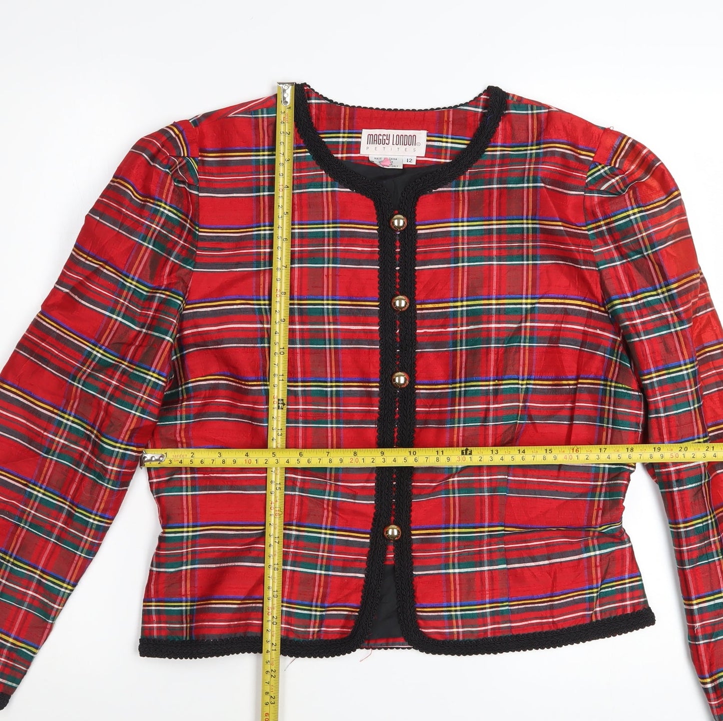 Maggy London Petites Red Silk Plaid Check Button Jacket Women’s Size 12