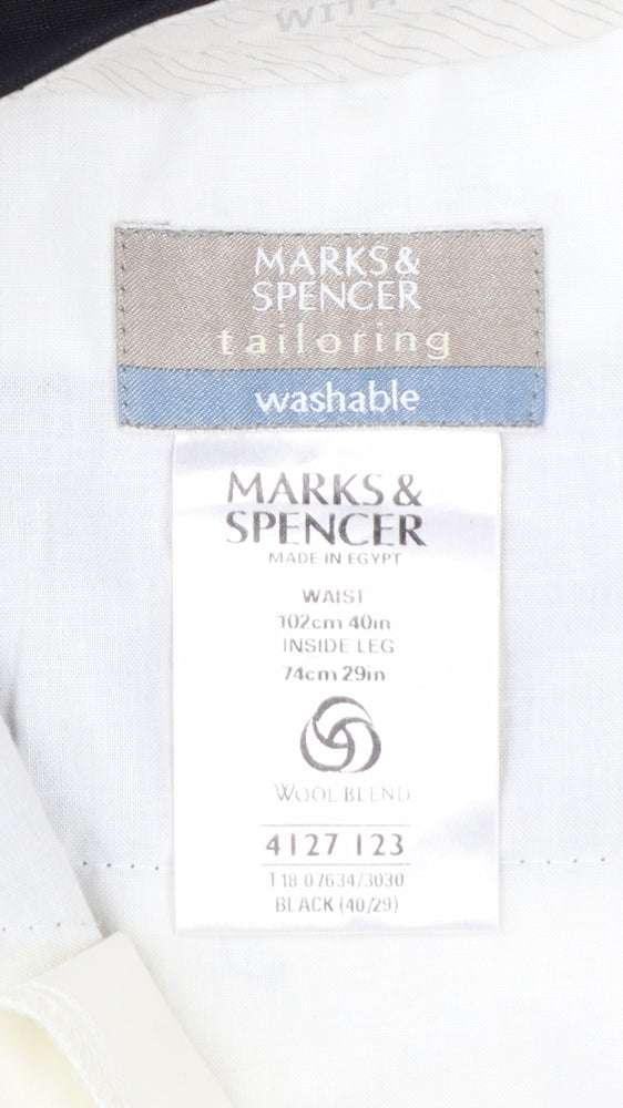 Marks and Spencer Men's Black Wool Blend Pleated Dress Trousers 40W 29L