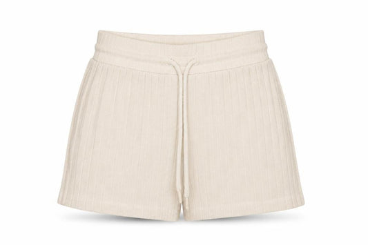 Front view of ASOS 4505 women’s beige knit sweat shorts, size UK 6, high rise
