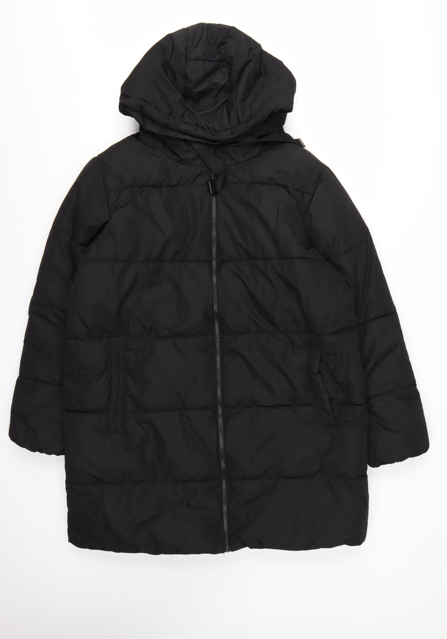 New Look Women’s Black Long Puffer Coat Size 16 Hooded Full Zip Winter Jacket