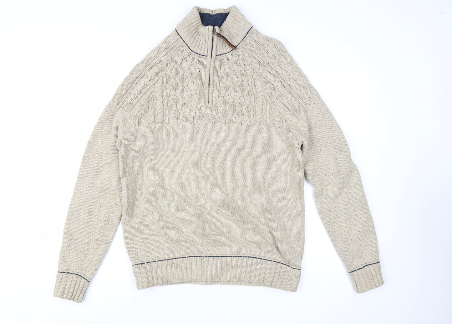 Mantaray Men's Beige Wool Blend 1/4 Zip Cable Knit Jumper M