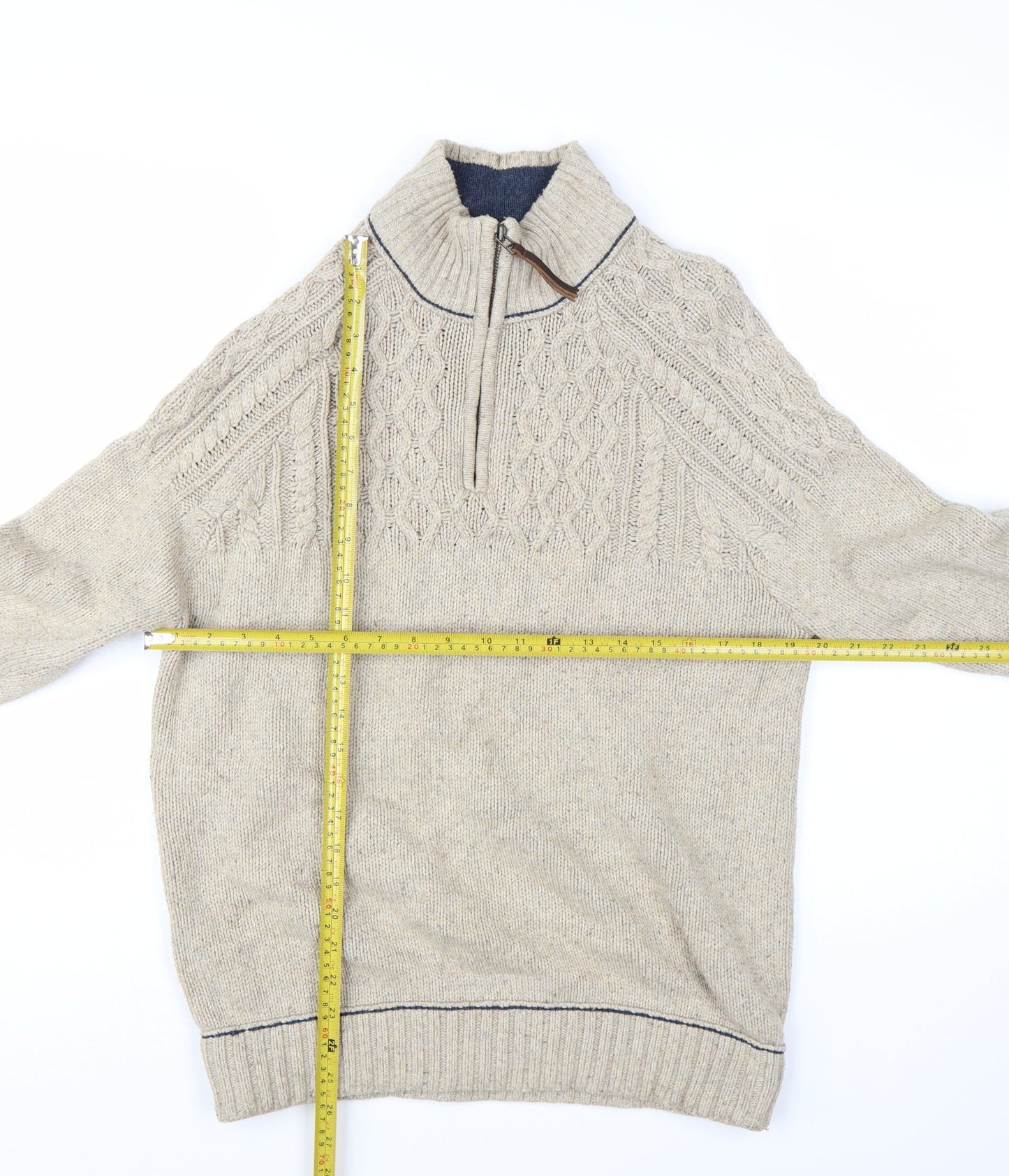 Mantaray Men's Beige Wool Blend 1/4 Zip Cable Knit Jumper M