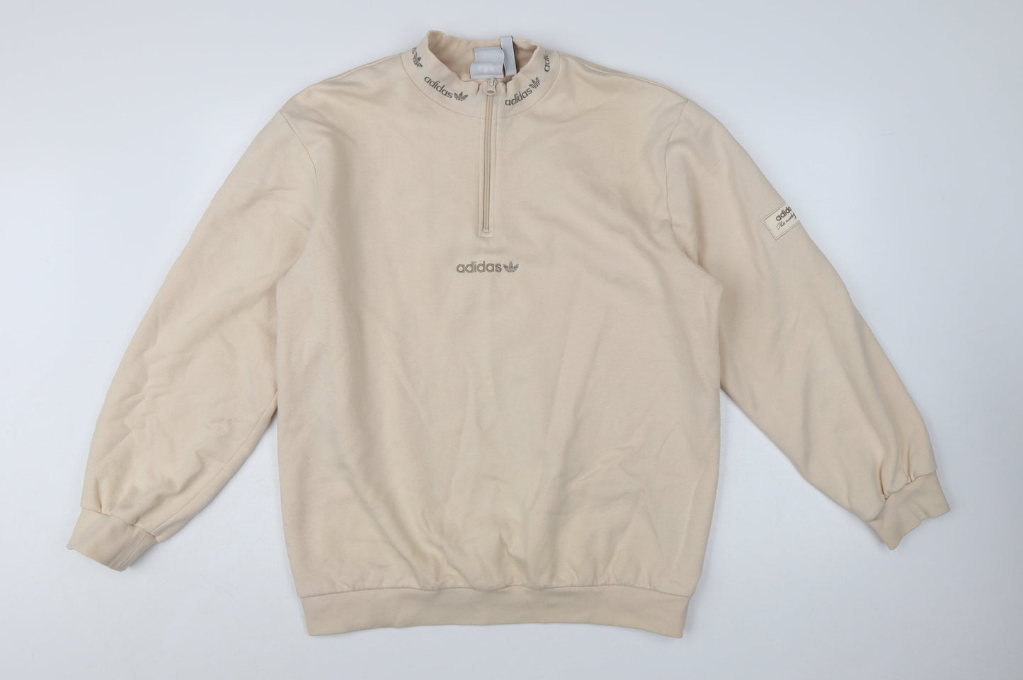 Adidas Men Beige 1/4 Zip Sweatshirt M Mock Neck Logo Pullover