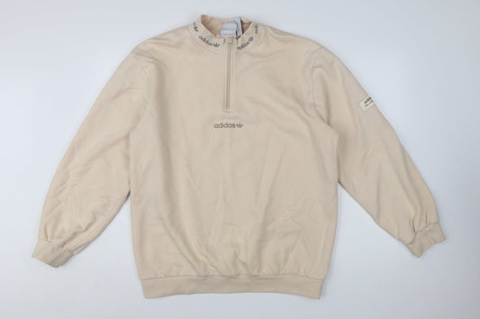 Adidas Men Beige 1/4 Zip Sweatshirt M Mock Neck Logo Pullover