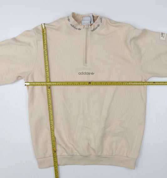 Adidas Men Beige 1/4 Zip Sweatshirt M Mock Neck Logo Pullover