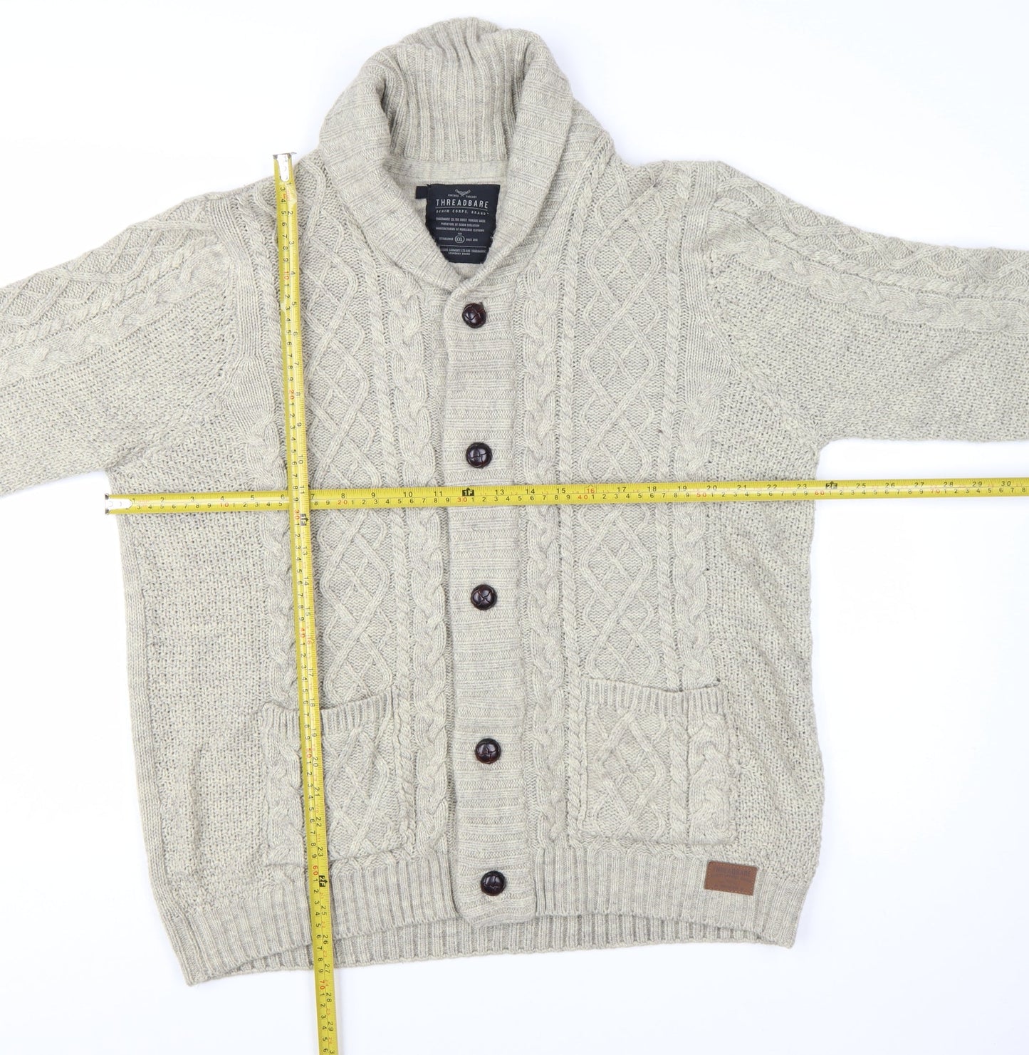 Threadbare Men's Beige Cable Knit Shawl Collar Cardigan 2XL