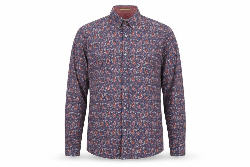 Ted Baker Men's Blue Red Paisley Button-Up Cotton Shirt Size S