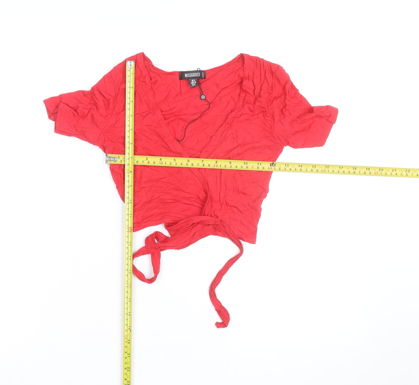 Missguided Womens Red Wrap Tie Blouse UK 4 V-Neck Short Sleeve Top